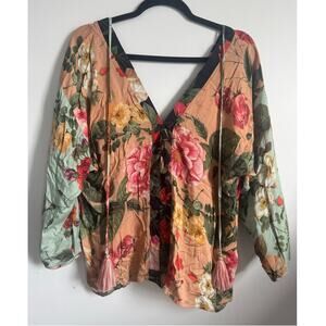 FARM Rio Floral V Neck Boho‎ Blouse S Tassel Tie Romantic Cottagecore
